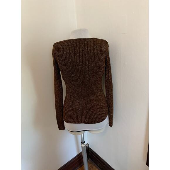 Y2K VTG Joseph A. Sweater M Metallic Bronze Thread Knit Ribbed Sexy Snug V Neck - Picture 4 of 11